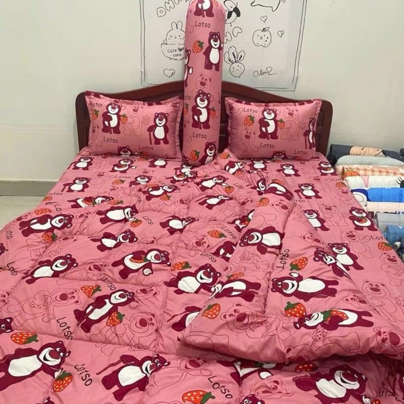 Sét 5 Món Gấu Dâu 1 chăn phao + 1 ga + 2 vỏ gối đầu + 1 vỏ gối ôm bộ chăn