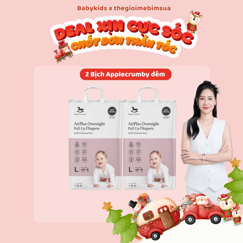 [BBK] 1 Thùng 2 Bịch Bỉm Applecrumby đêm mềm mại, thấm hút và khô thoáng cho bé