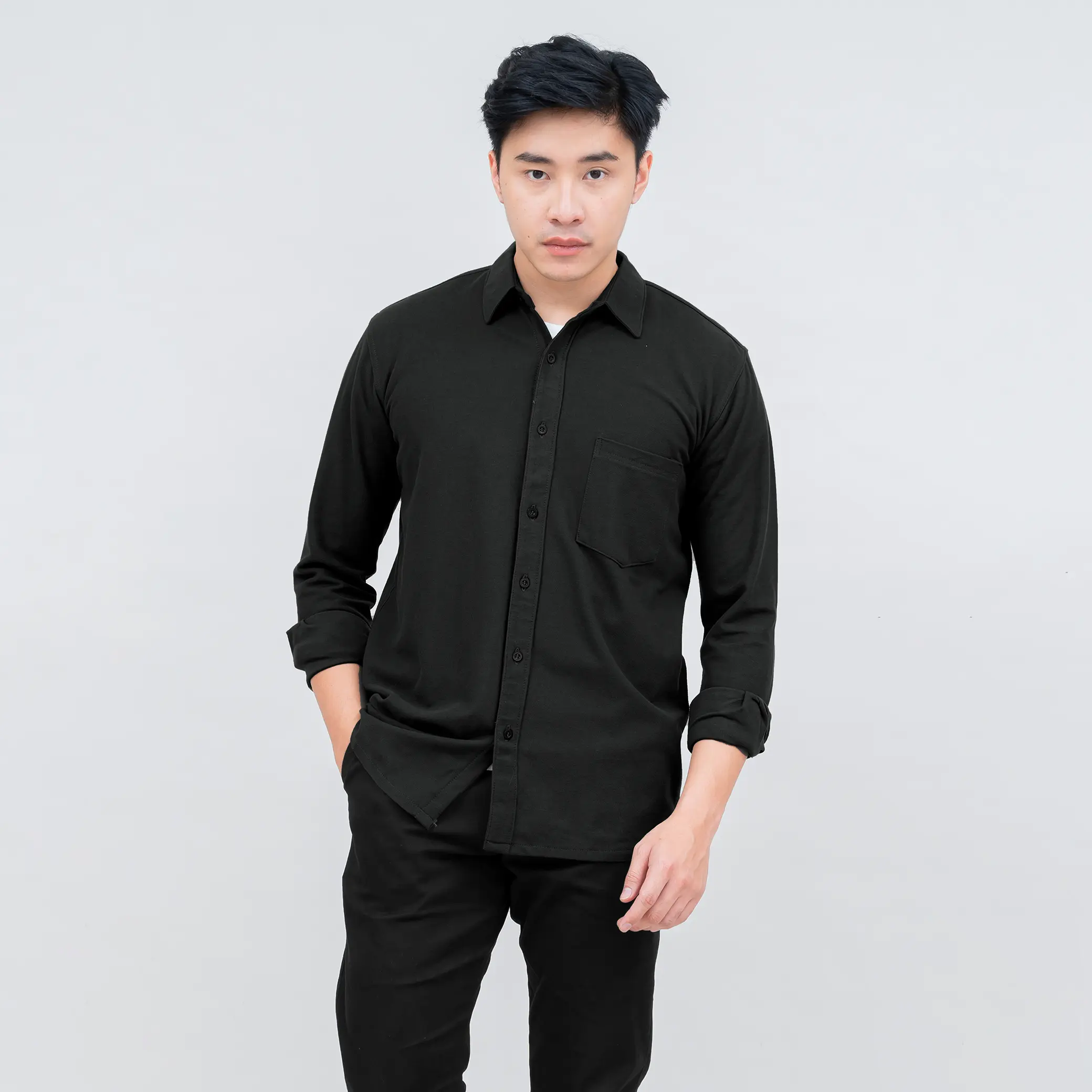 Kemeja Katun Hitam Polos Panjang Pria DYD Pique Reguler Fit Otaco Casual Kerah Kerja Formal