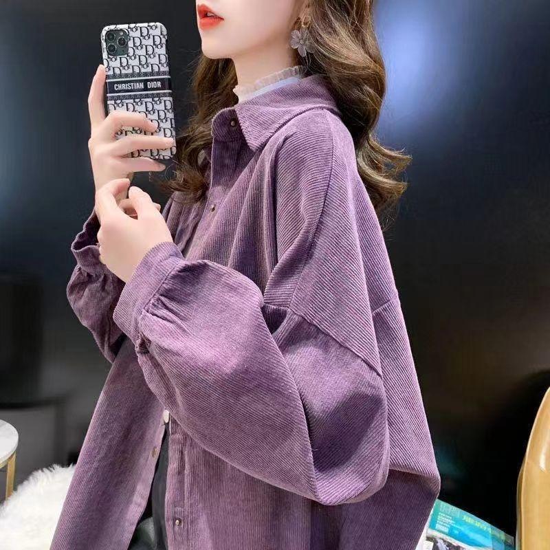 Áo Sơ Mi Vải Nhung Kẻ, Phong Cách Cổ Điển Mùa Thu Mới, Dài Tay, Dáng Rộng Rãi Và Thường Ngày, Áo Sơ Mi Dài Trung Bình Áo Khoác Ngoài Nữ Women Top Shirt Lệch Vai 4