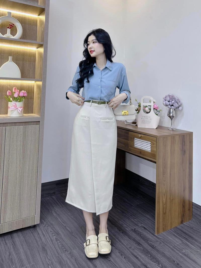 Product Introduction of Guanfashion Chân váy chữ A kèm vạt che bụng dáng dài, MÃ CV89 Chân váy Nữ Women Kem 2