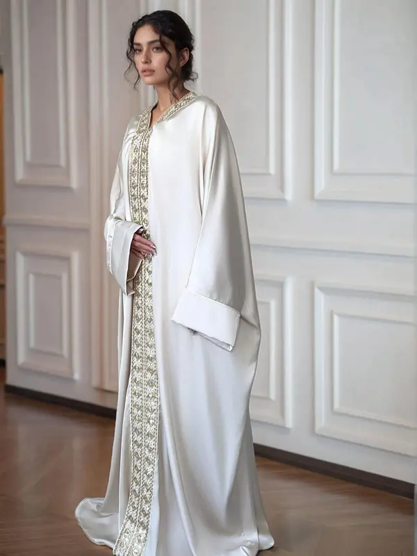 Women's Lace Embellishment V Neck Abaya, Modest Long Sleeve Maxi Dress for Party Wedding Guest, Formal Ladies Islamic Clothing for All Seasons 8