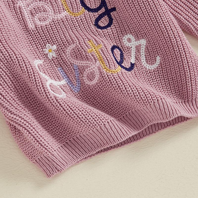 Product Introduction of Little Girl's Sweater Casual Letter Flower Embroidery Crew Neck Long Sleeve Pullover Tops for Fall Winter 39