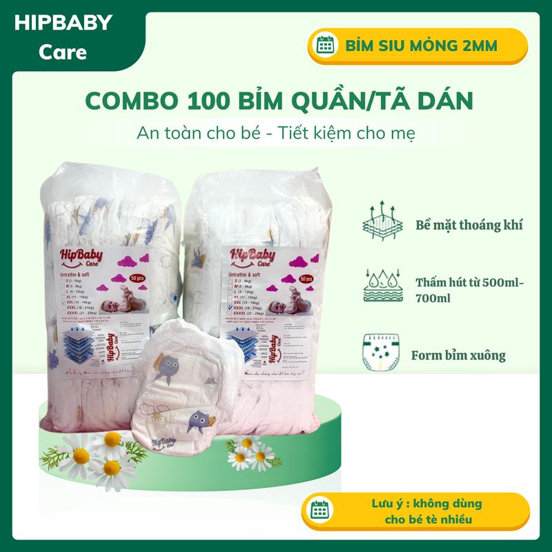 Combo 100 miếng Tã dán/Bỉm QuầnHipBaby Care 100, đủ size cho bé từ S/M/L/XL/2XL/3XL. Phiên bản nâng cấp tem cỡ ngẫu nhiên. Tã bỉm cho bé yêu voi balo