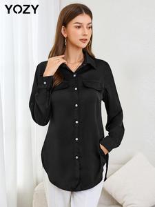 YOZY Women's Plain Fake Pocket Button Front Split Hem Shirt, Casual Long Sleeve Collared Top for Daily Wear, Ladies Clothes for All Seasons