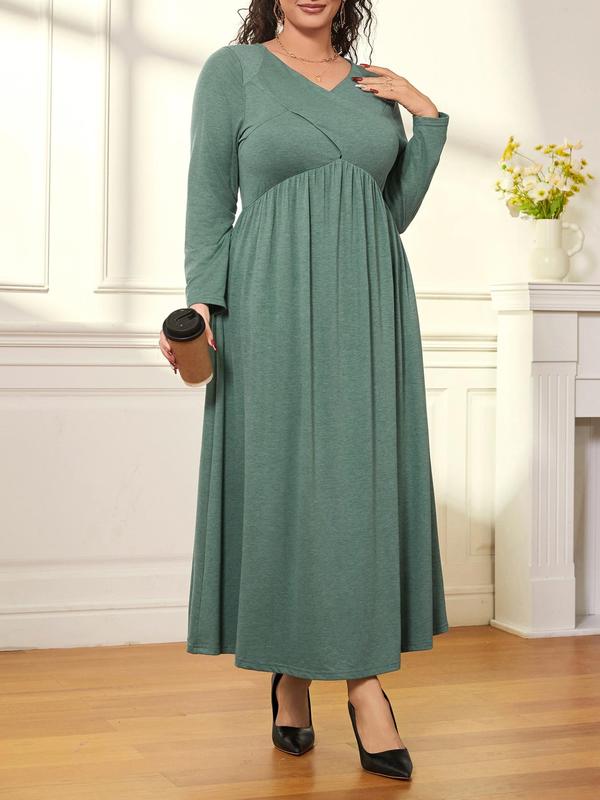 CURVZY Plus Size Solid Pocket V Neck A Line Dress, Casual Long Sleeve Long Dress for Daily Wear, Women's Plus Clothing for All Seasons 4