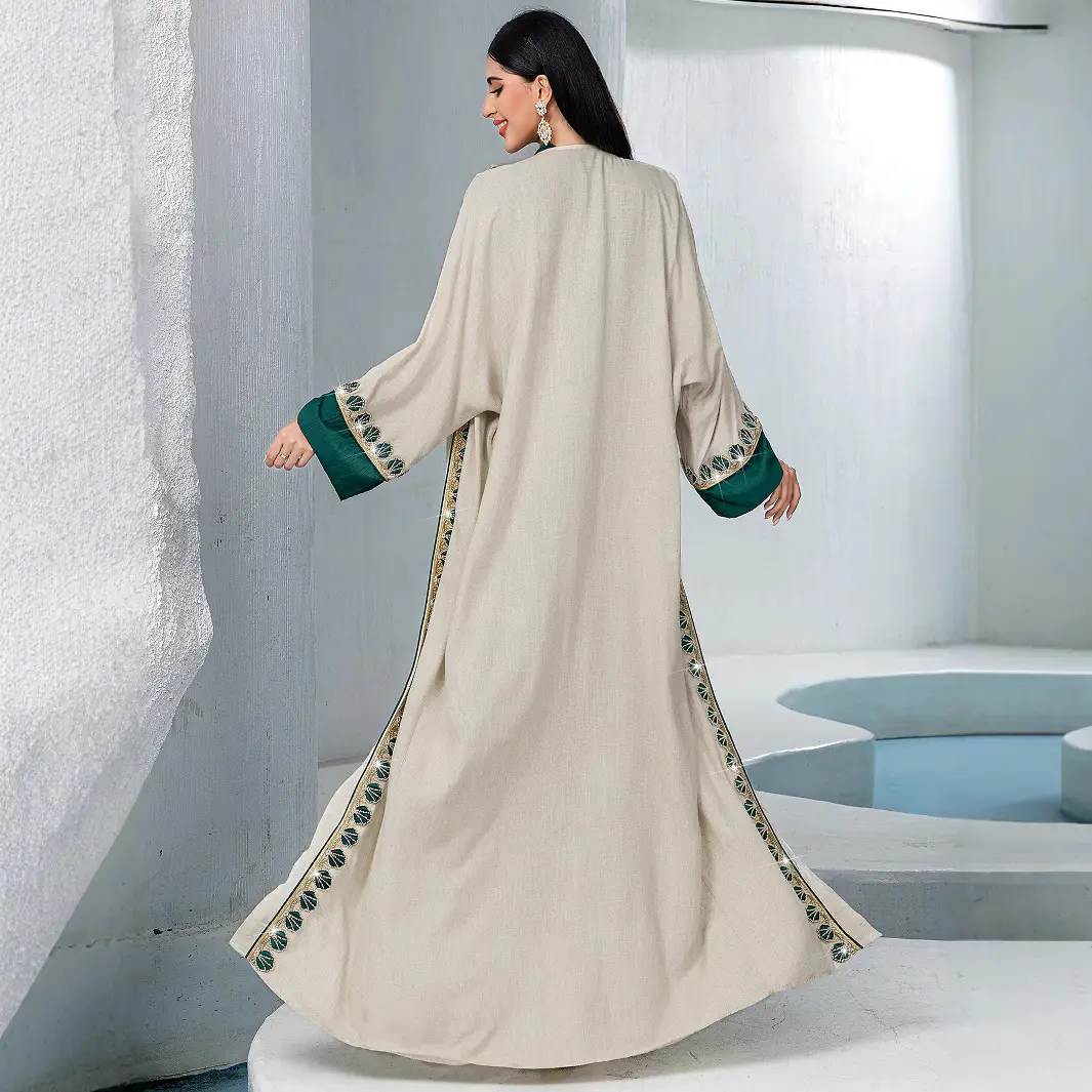 2025 New BA Plus Size Cardigan Two-Piece Set Lace Trim Solid Color Long Sleeve Floral Edge Middle Eastern Style Long Dress High-End Light Luxury Fashionable Versatile hfa  apparel abaya  singapore anggun cotton collection royal  purple kaftan fazura  raya