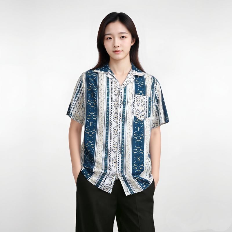 Stretch Fabric Does Not Fade Striped Flowers Batik Modern Pocket Loose Short Sleeve Men's Shirt Kain Pantai 1
