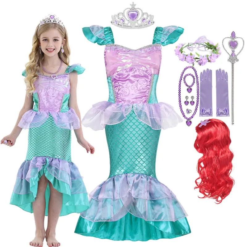 Girls Little Mermaid Ariel Princess Dress Halloween Cosplay Charm Kids Fancy Make Up Children Carnival Party Clothes C19