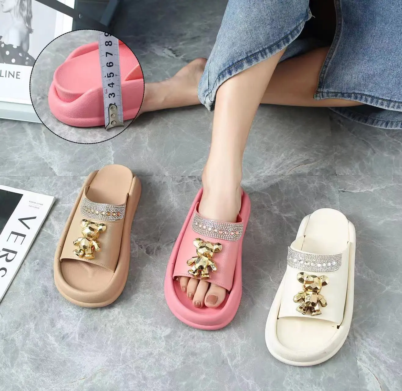 [HCM] Dép Quai Ngang Đính Gấu Cao 5cm