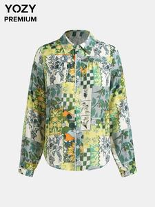 YOZY Women's Floral Patchwork Print Button Front Shirt, Casual Long Sleeve Collared Top for Spring & Fall, Women's Clothes for Daily Wear