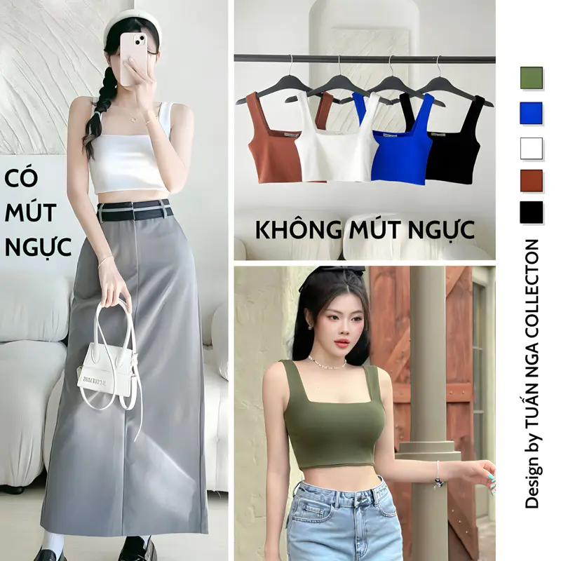 Áo 2 dây bản to croptop, áo sát nách cổ vuông CÓ MÚT NGỰC, may 2 lớp dày dặn T-N TUẤN NGA COLLECTION