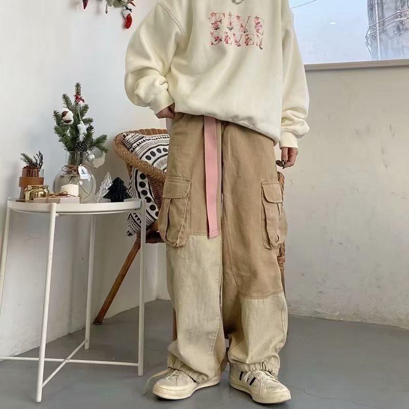 Product Introduction of Men's Wide-Leg Pants Harajuku Autumn 2024 Japanese-Style Retro Multi-Pocket Ankle-Tied Casual Straight-Leg Stitching Workwear Pants Menswear Trouser 5