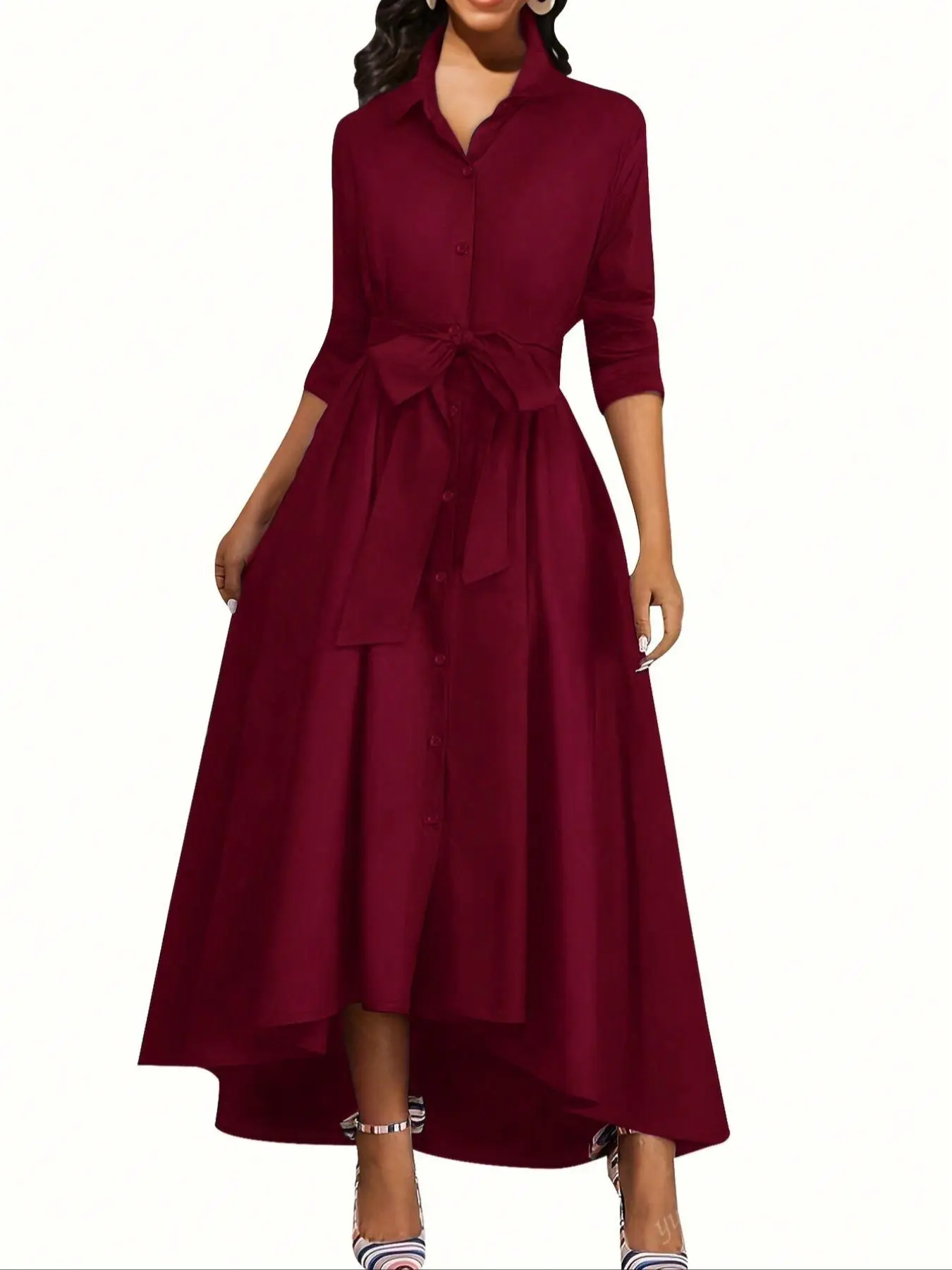 Women's Plain Button Front Belted Shirt Dress, Elegant Collared Long Dress for Spring, Ladies Clothes for Daily Wear