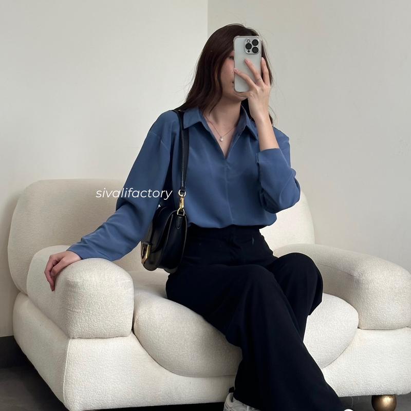 SIVALI Minji Shirt | Basic Loose Office Shirt - Kemeja Wanita Kantor Atasan Baju Anti Kusut Panjang Tebal Polyester Silk Formal Oversize Formal Oversize Kerja Hitam Casual 7