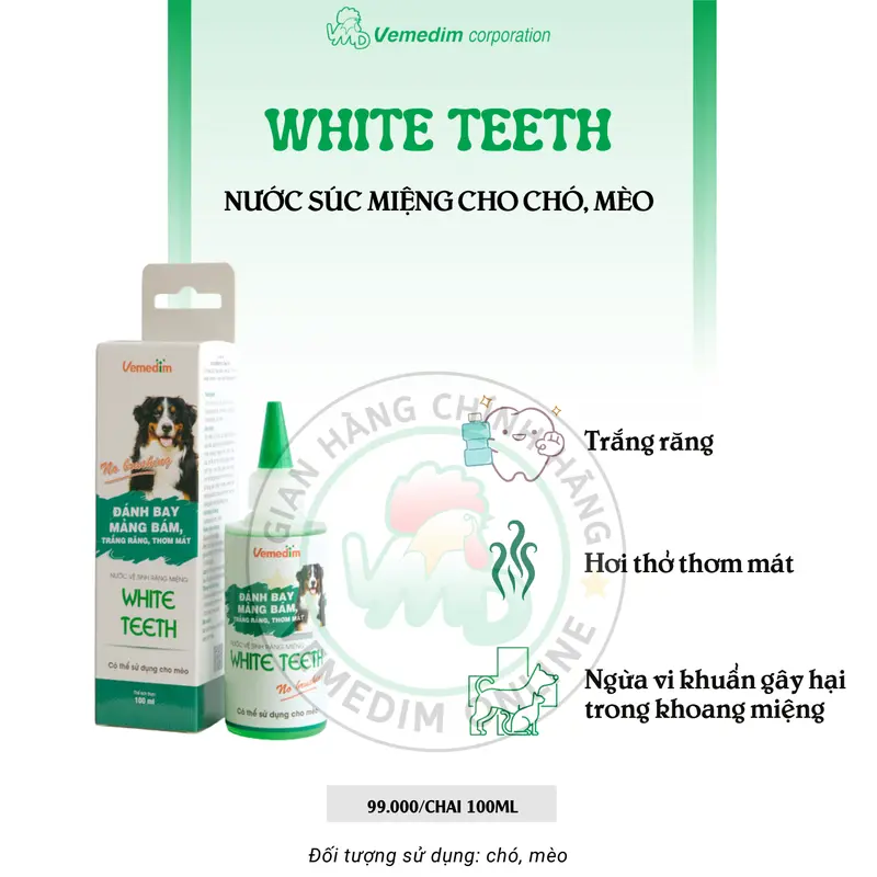 Vemedim White Teeth - Nước súc miệng đánh bay mảng bám, trắng răng, thơm mát dùng cho chó, mèo, Chai 100ml 1