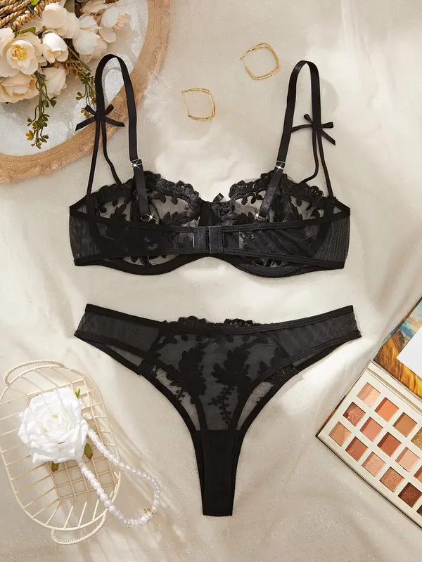 Women's Leaf Embroidery Mesh Sexy Lingerie Set, Push Up Bra & Thong Set, Soft Comfy Breathable Lingerie Set for Women 1