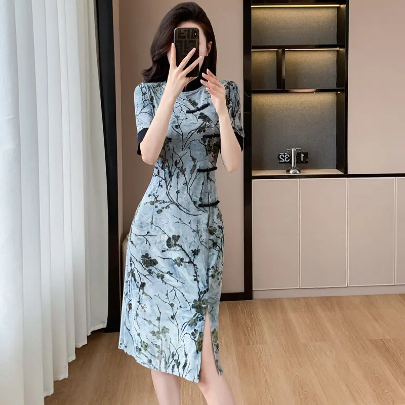 Summer New Chinese Socialite Design Temperament National Style Buckle Jacquard Split Ladies slip  dress  prom