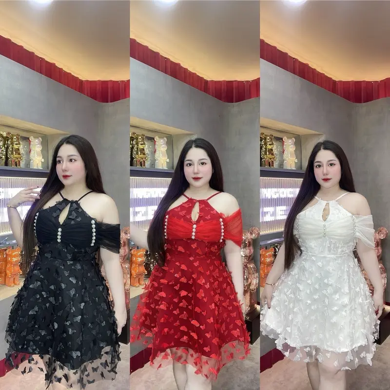 55-90KG ĐẦM THIẾT KẾ ĐI TIỆC CÔNG CHÚA Tapfa cổ yếm phối lưới BƯỚM SANG TRỌNG  BIGSIZE VƯƠNG NGỌC HÂN Nữ Top Pants Women 0