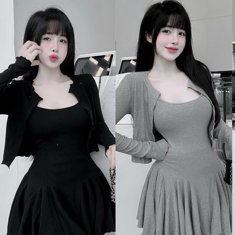 L6- sét đầm 2 dây thun gân dáng xòe, kèm áo khoác tay dài (36-55kg) Dress 1