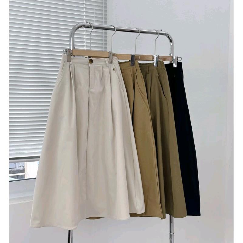 Chân váy kaki xếp ly dáng dài Chân váy midi nữ chất kaki cạp lưng chun co giãn có size đến 70kg