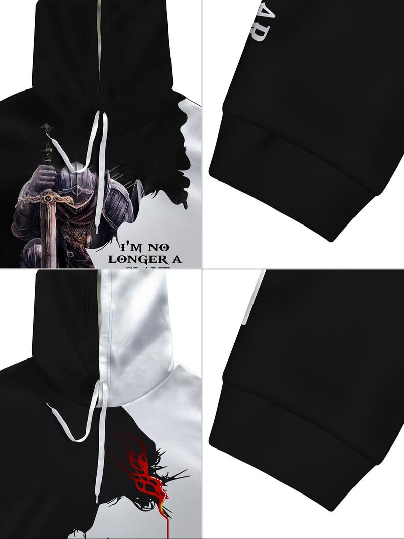 Product Introduction of Men's Regular Fit Knight & Skeleton Print Drawstring Hoodie, Casual Graphic Pocket Hoodie for Fall & Winter, Men's Top for Daily Wear 6