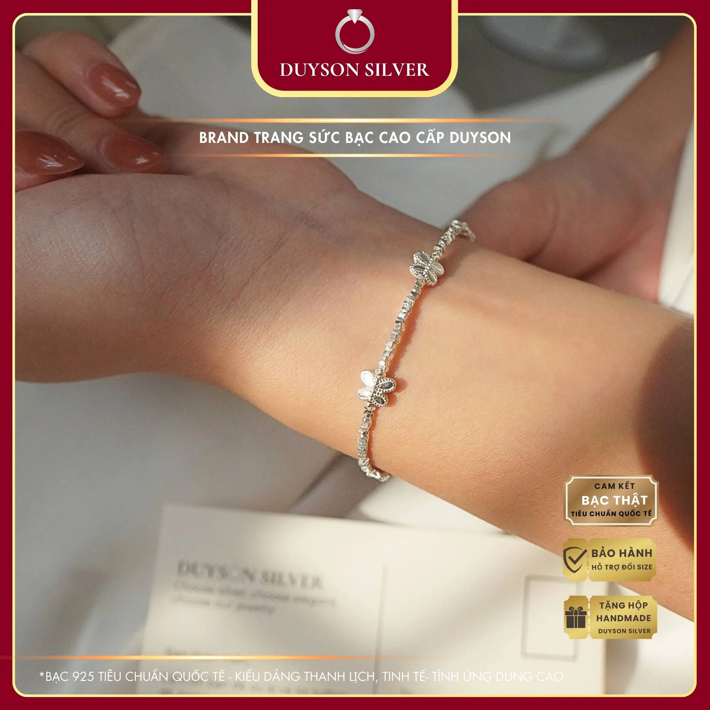 Lắc tay bạc nữ Duyson Silver hạt đa giác mix charm hồ điệp, vòng tay bạc 925 cá tính [LTKX30]