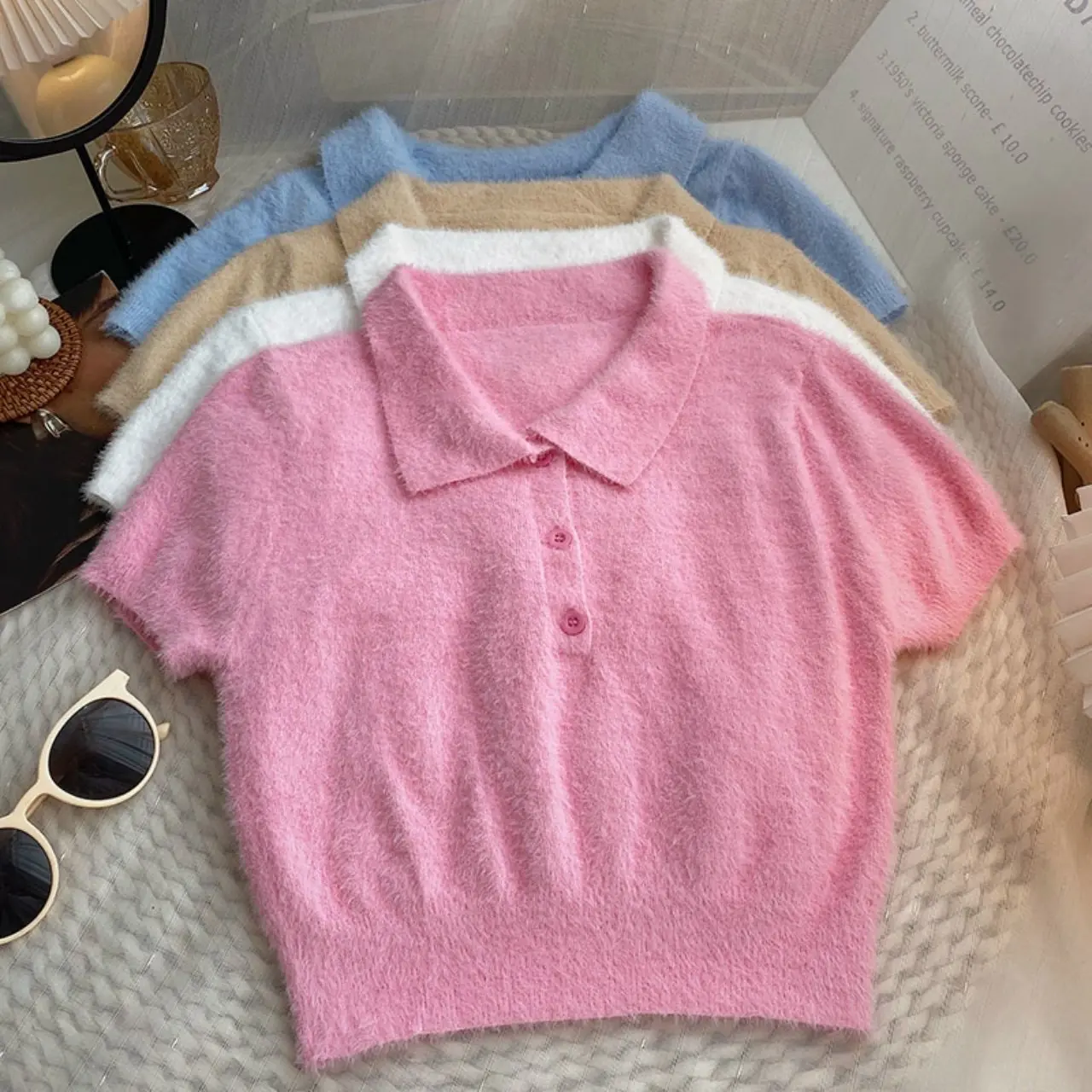 Áo len lông thỏ croptop tay ngắn