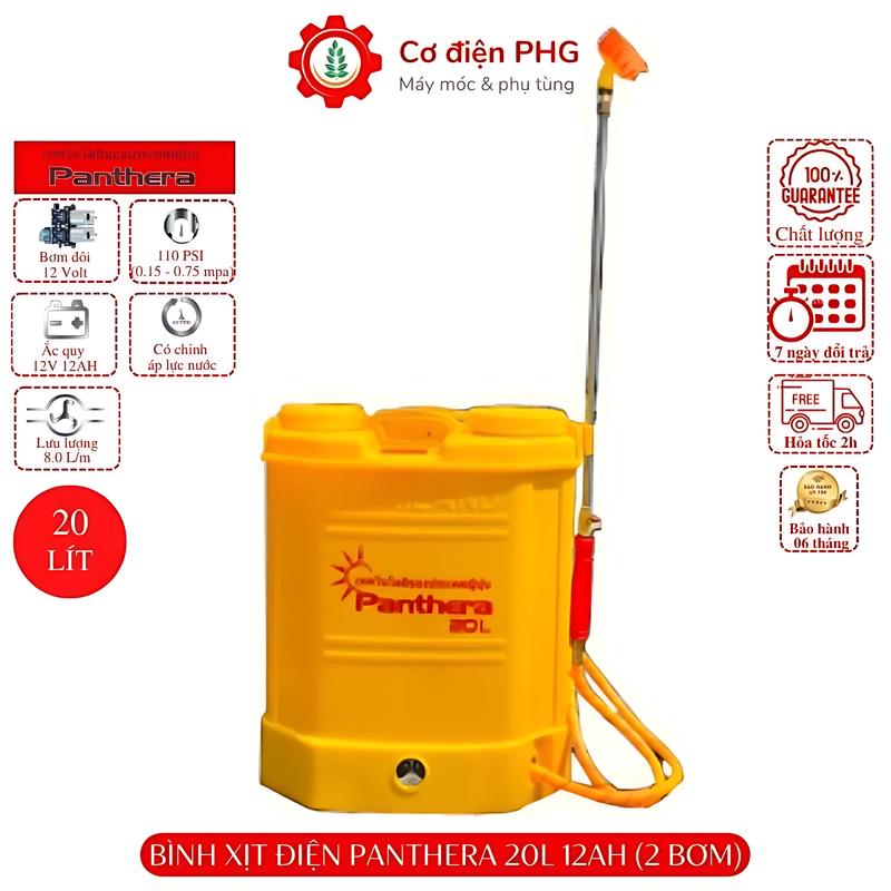 Bình xịt phun thuốc trừ sâu bằng điện Panthera 20L 12V 12AH | 2 bơm | Công nghệ Thái Lan | Bình xịt điện Panthera 20 Lít 2 Bơm chuyên dùng cho tưới nước tưới tiêu phun thuốc