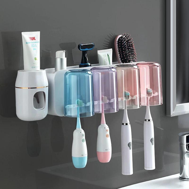 Giá Đỡ tặng kèm 4 cốc Kem Đánh Răng Bóp Treo Tường Phòng Tắm Cốc Có Giá Để Đồ Không Đục Lỗ Bàn Chải Đánh Răng 4