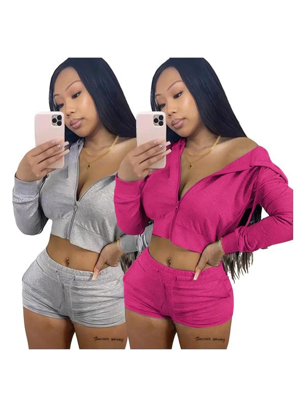 Two-Piece Set Women's Solid Zip Up Crop Hoodie & Drawstring Waist Shorts Set, Long Sleeve Cropped Hooded Top & Pocket Track Shorts, Casual Spring & Fall Clothes for Outdoor 6