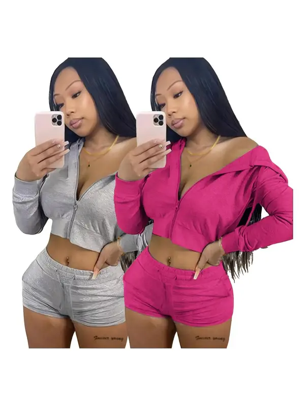 Two-Piece Set Women's Solid Zip Up Crop Hoodie & Drawstring Waist Shorts Set, Long Sleeve Cropped Hooded Top & Pocket Track Shorts, Casual Spring & Fall Clothes for Outdoor 6