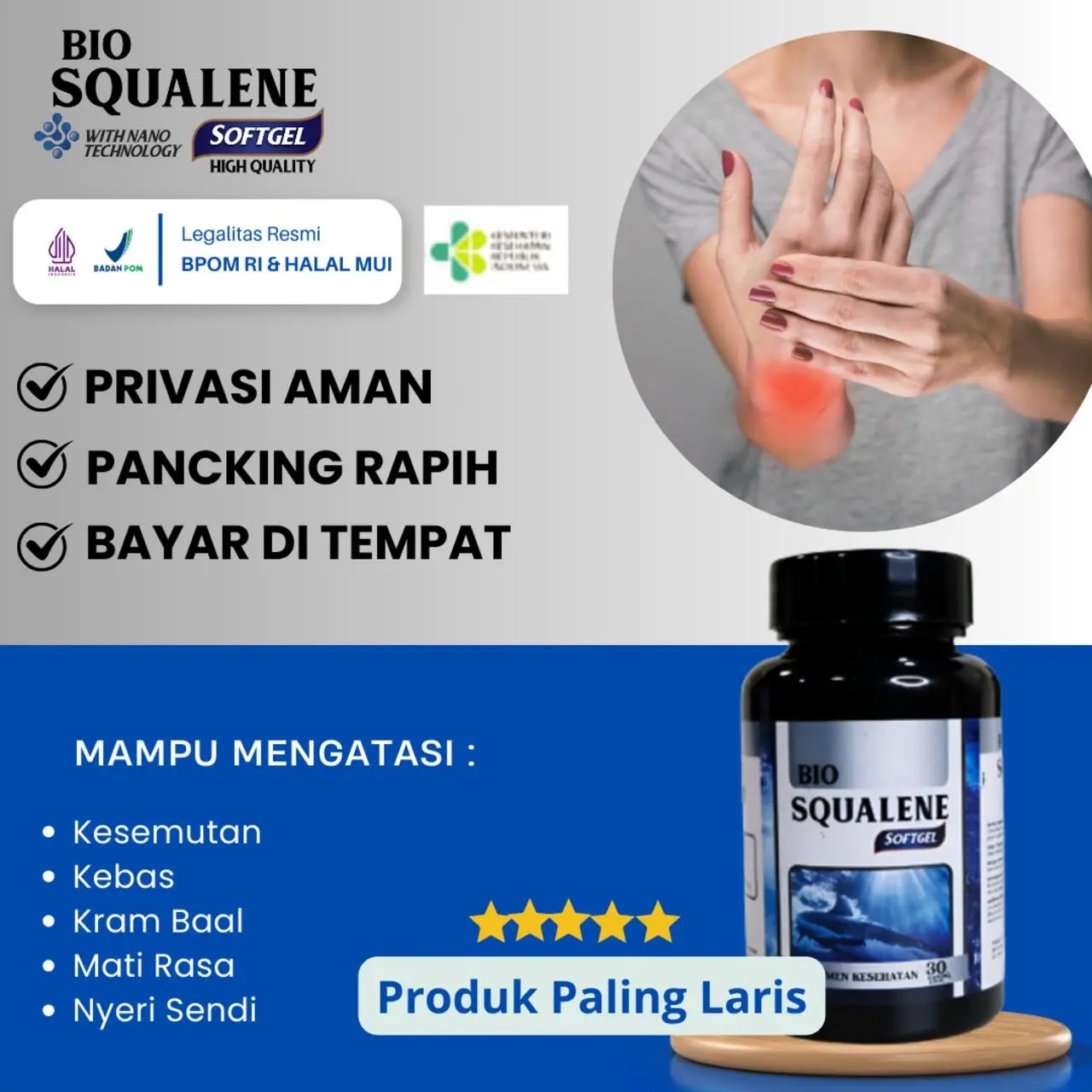 Bio Squalene Untuk Kesemutan Dan Kebas Tangan, Kesemutan Tangan Dan Kaki, Kesemutan kebas Kram Baal Mati Rasa, Kesemutan Dan Nyeri Sendi, Kesemutan Herbal - 30 Softgel