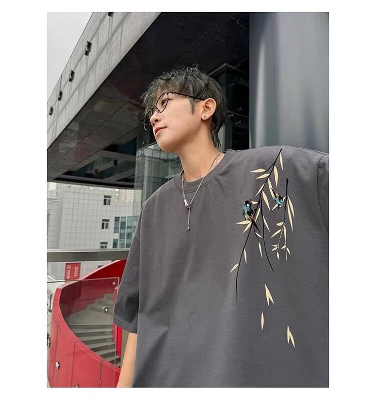 Product Introduction of Popular fashion bamboo print loose T-shirt cotton print short sleeve plus size tee for men 26