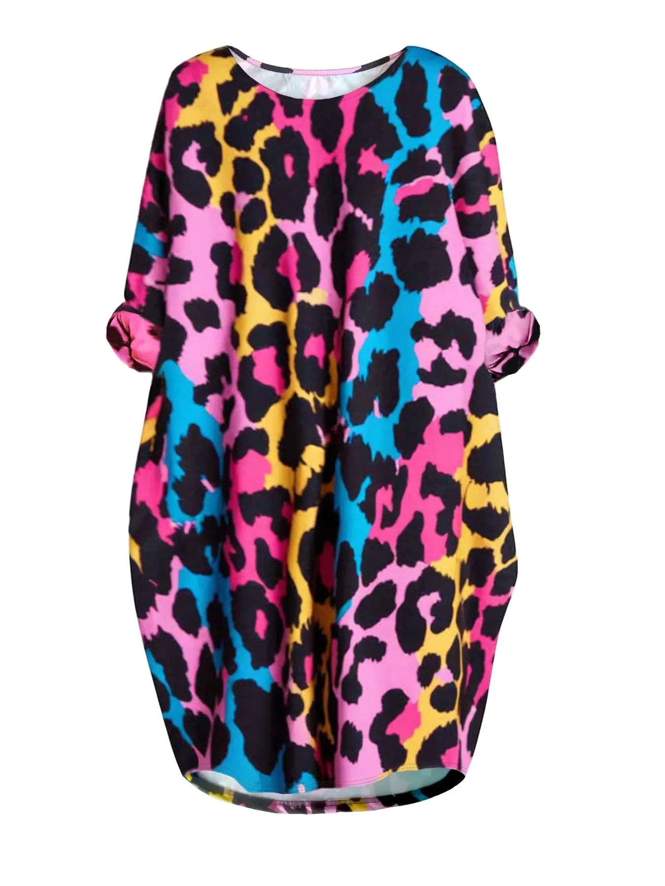 【Plus Size】 All Over Leopard Print Long Sleeve Dress, Casual Round Neck Dress for Spring & Fall, Women's Clothing for Daily Wear