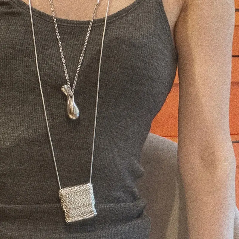 Woven Bag Pendant Long Necklace For Women Girls Niche Personality Unique Fashion Versatile Necklace Fashion Sweater Chain Gifts