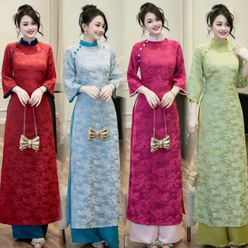 Áo Dài  Gấm cúc viền màu đủ màu
