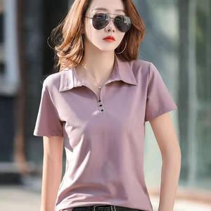 Korean Style New Casual Sport Short Sleeve Polo Shirt Women T-shirt V Neck Oversized Pink Trendy Button Shirt Ladies Lapel Tee Blouse 100KG Fat Female Can Wear