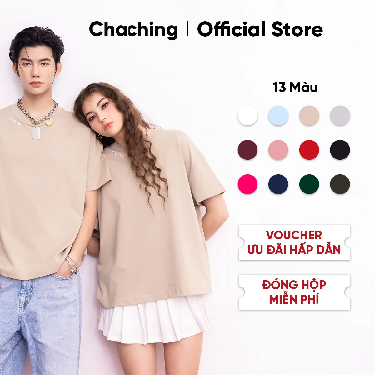 [BEST SELLER] Áo Thun Unisex ChaChing, Áo Phông Nam Nữ Form Boxy Cổ Tròn Thêu Logo Vải Thun Cotton Co Giãn 2 Chiều 13 Màu Trendy Dễ Phối Đồ