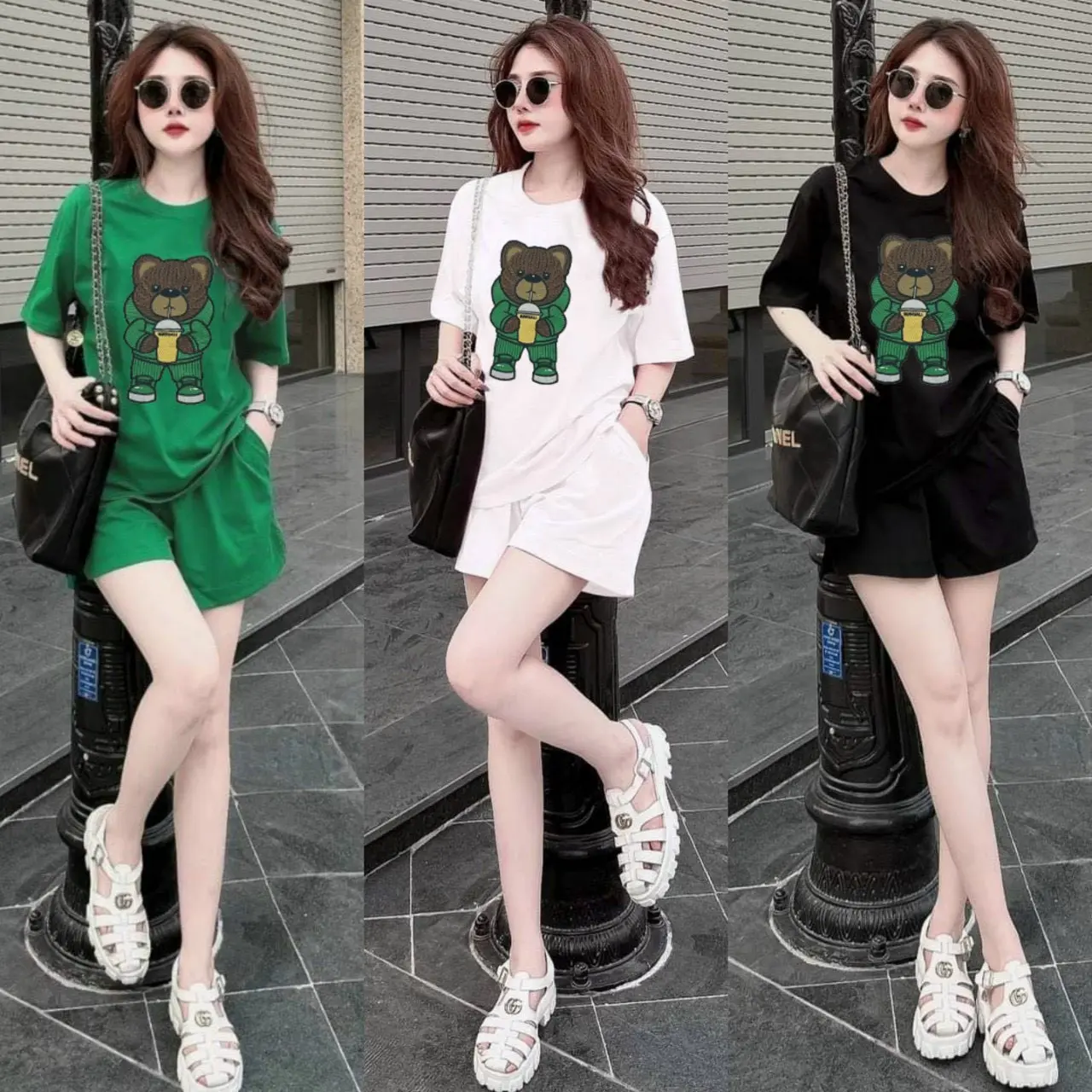 Set đồ bộ thời trang nữ, phom rộng, Logo Gấu mang Balo