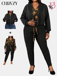 CURVZY Plus Size Women's Floral Patchwork Print Jumpsuit & Zip Up Crop Jacket Two-Piece Set, Women's Clothes for Daily Wear