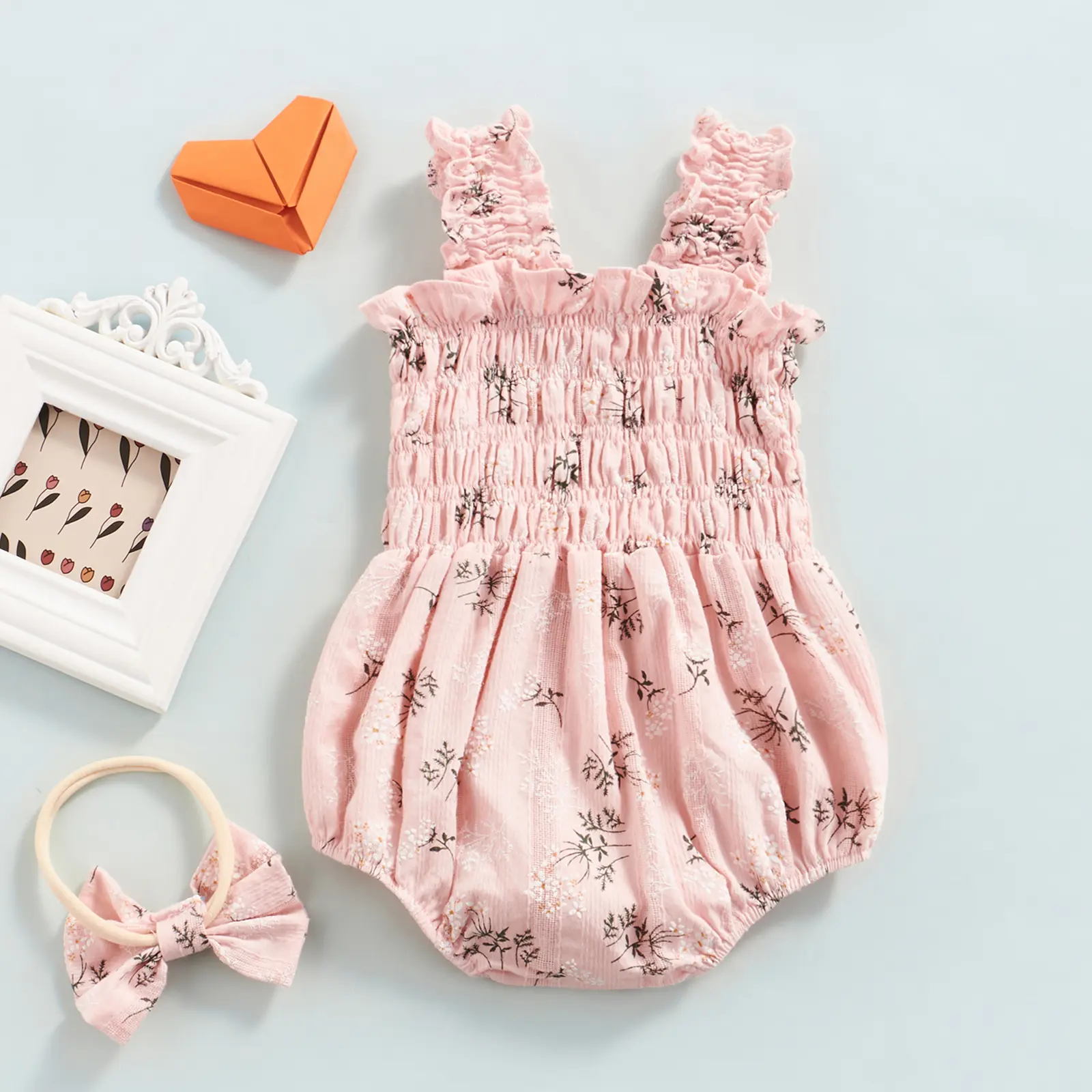Baby Girl´s Sleeveless Jumpsuit Floral Print Elastic Bust Shoulder Straps Romper Bow Headband