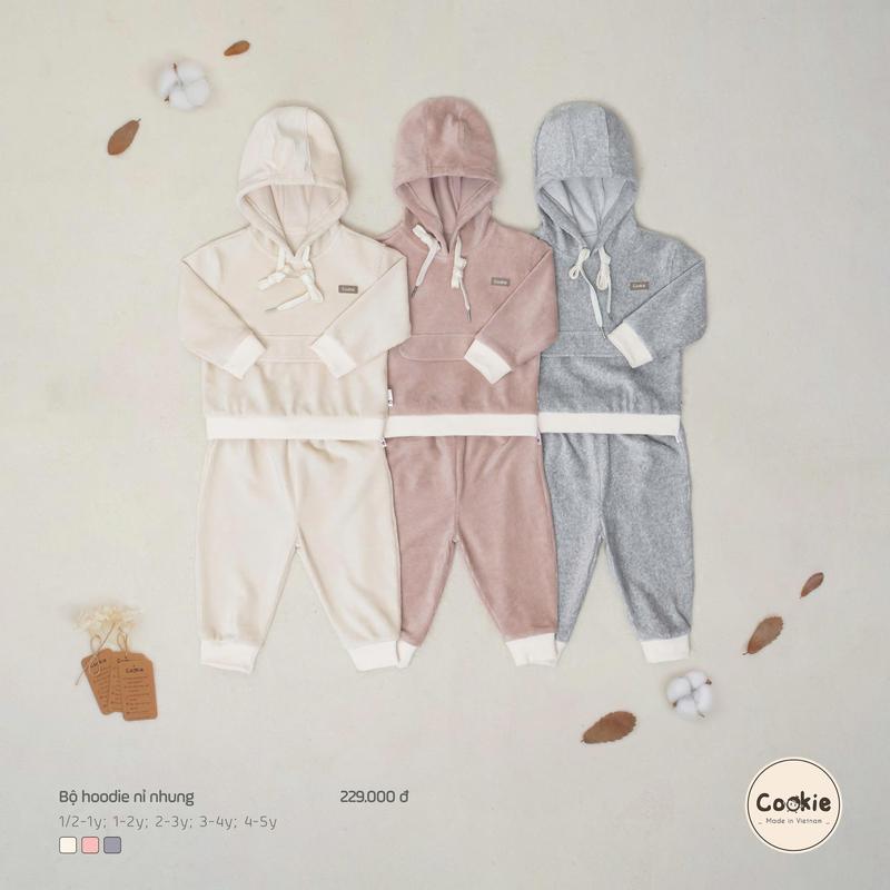 Bộ Quần Áo Cookie Hoodie Nỉ Nhung Cho Bé Size Từ 1/2-1Y Đến 4-5Y , Chất Liệu Nỉ Nhung