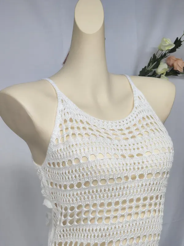 Women's Plain Crochet Knit Sweater Dress, Casual Sleeveless Knit Short Dress for Summer, Ladies Clothes for Beach Holiday 6