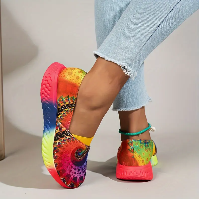 [Rainbow Slip-On Sneakers] Vibrant Lightweight Women's Rainbow Tie-Dye Slip-On Sneakers - Comfortable, Casual Shoes with Low-Top Design, Durable PU Sole for All-Day Wear 2