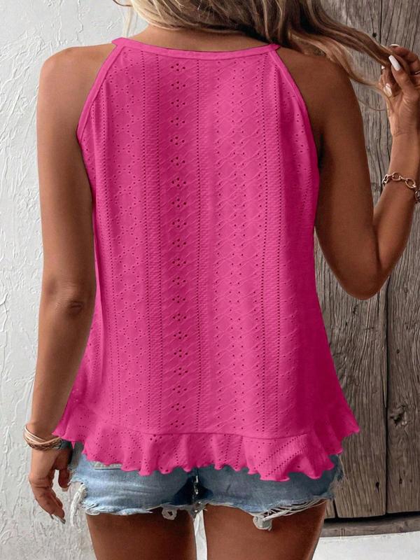 Plus Size Solid Eyelet Embroidery Lettuce Trim Ruffle Hem Halter Tank Top, Casual Sleeveless Top for Summer, Women's Plus Clothing for Daily Wear 4