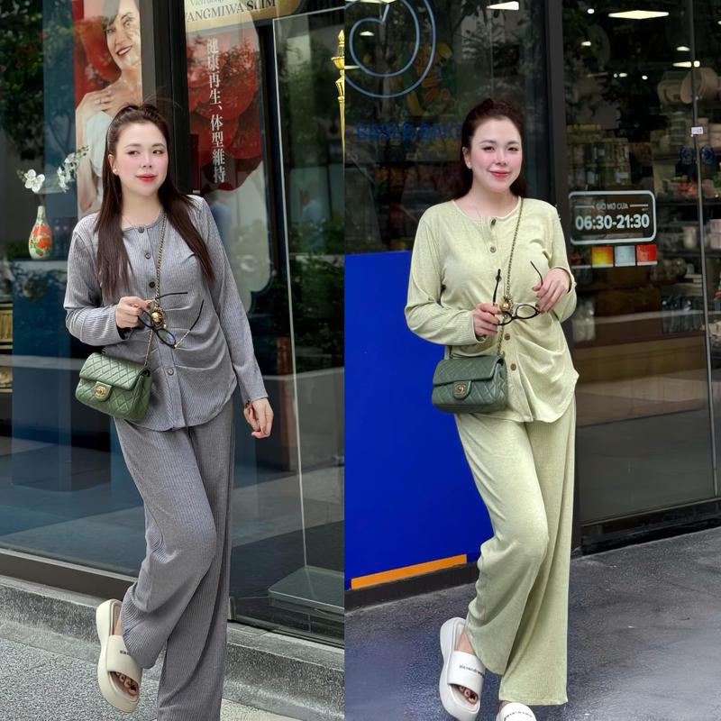 Set bộ thun gân thiết kế nhún eo áo cổ tròn vạt bầu kèm kết hợp quần suông dễ mặc dành cho nữ dưới 80kg