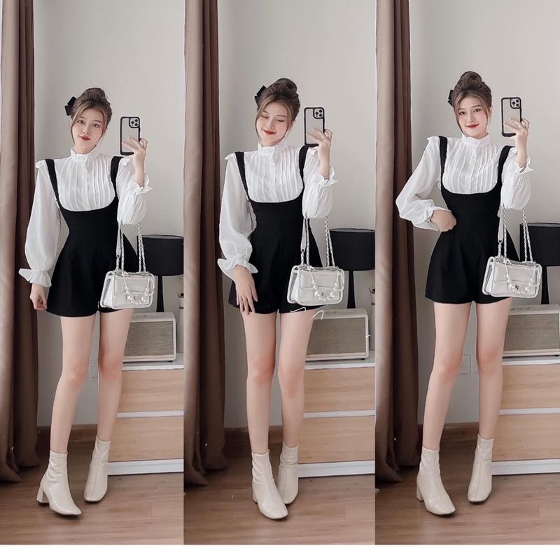 Set yếm nhung xinh xắn phối áo sơ mi dài tay bèo siêu xinh dành cho các nàng yêu diện đi chơi hẹn hò