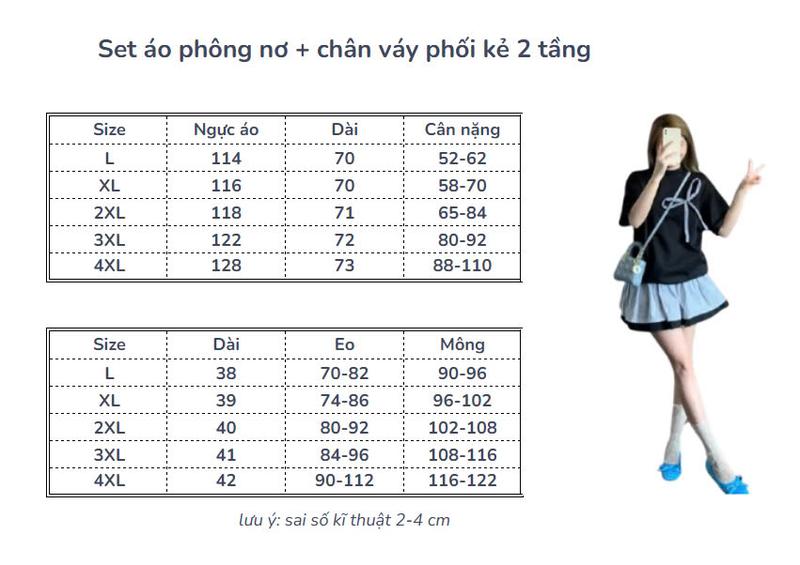 Product Introduction of [ Bigsize 55-100kg] Set áo phông nơ + chân váy mix kẻ tầng xoè nữ tính 0