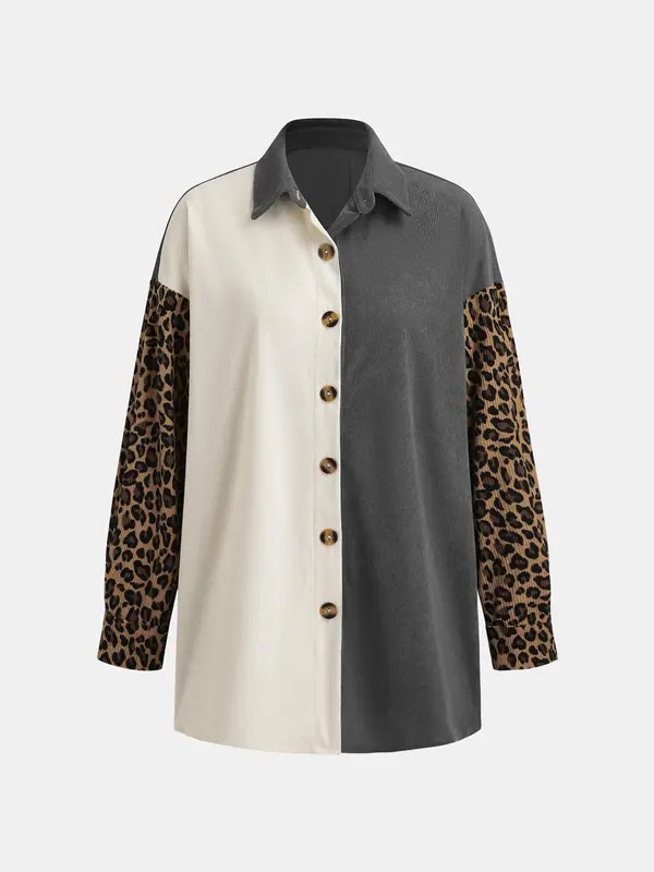 YOZY Women's Leopard Patchwork Print Button Front Corduroy Jacket, Casual Drop Shoulder Long Sleeve Collared Outerwear for Daily Wear, Ladies Clothes for All Seasons 3
